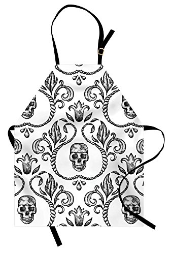 Lunarable Gothic Apron Ornament Skull Goth Skeleton Floral Motifs in Baroque Style Illustration Unisex Kitchen Bib with Adjustable Neck for Cooking Gardening Adult Size Black White
