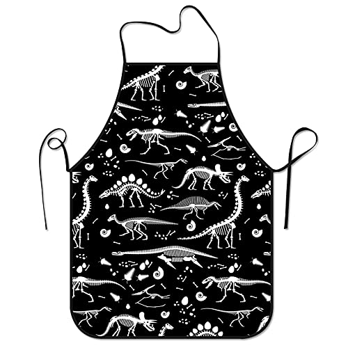 SARA NELL Dinosaur Apron Dinosaur Fossils Eggs Bones Skeletons Pattern Cooking Apron Kitchen Apron Lock Edge Waterproof Durable String Adjustable Easy Care Aprons for Women Men Chef  Black and White