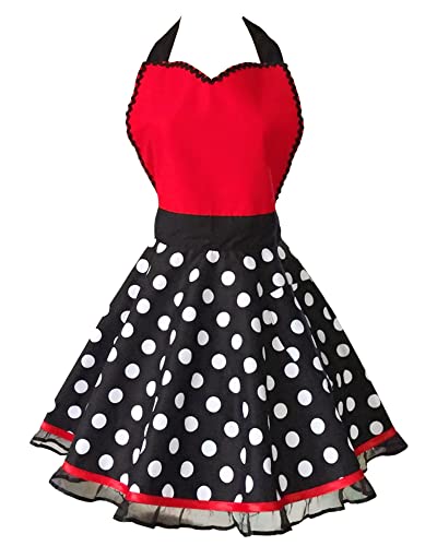 Floosum Sweetheart Polka Dot Retro Kitchen Aprons Ruffle Chiffon Side Cute Ladys Cooking Apron with Pocket Gift for Women Girls Chef Housewarming