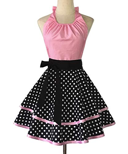 Hyzrz Cute Retro Apron Vintage Maid Polka Dot Kitchen Cooking Aprons for Women Ladies Girls (Pink)
