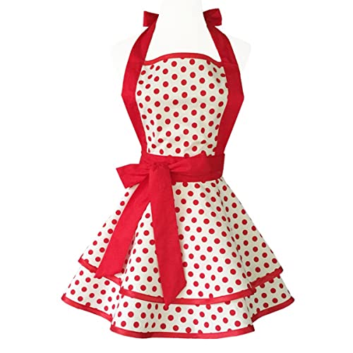 Hyzrz Lovely Handmade Cotton Retro Aprons for Women Girls Cake Kitchen Cook Apron for Mothers Gift (Red Dot)