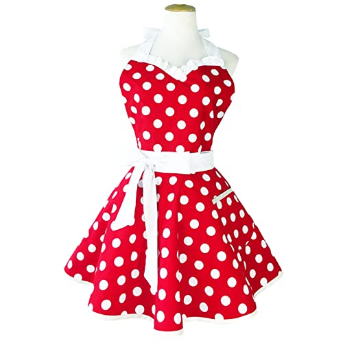 Hyzrz Lovely Sweetheart Retro Kitchen Aprons Woman Girl Cotton Polka Dot Cooking Salon Pinafore Vintage Apron Mother‘s Gift (Red)