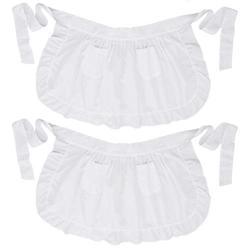 LilMents Twin Pack Retro Kitchen Ruffles Waist Apron with Pockets (White)