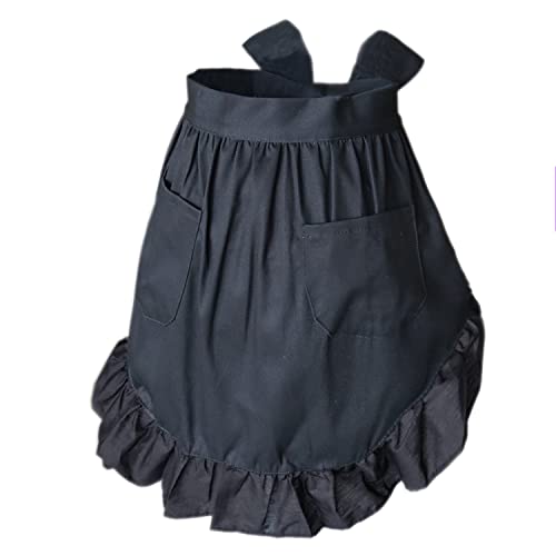 Waist Apron Cute Retro Vintage Half Apron Cooking Kitchen Ruffle Maid Apron with Pockets for Women Black one size fits all