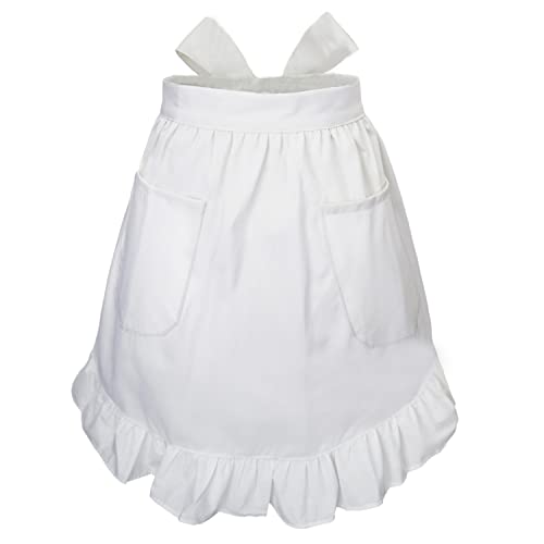 Waist Apron Ruffle Retro Dress Cute Vintage Cooking Kitchen Maid with Pockets for Women (White) One Size