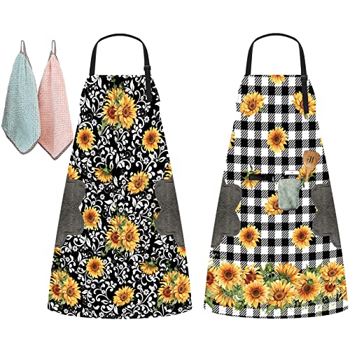 2 Pack Aprons for Women with 3 Pockets Adjustable Waterproof Kitchen Bib Apron with 2 Towels for Chef Servers Grilling Cooking Baking Plus Size Sunflower Aprons for BBQ Painting Gardening