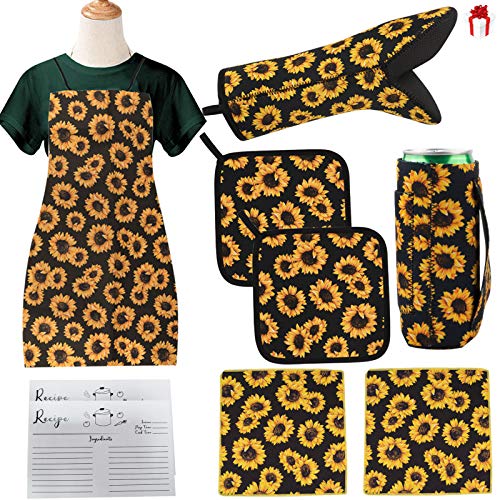 8PCS Sunflower Decor Themed Kitchen Set1 Sunflower Waterproof Apron2 Absorbent Towels1 Oven Mitts2 Pot Holders1 12oz Slim Can Cooler1 KeychainCooking GiftMom GiftWeddingChristmas Gifts