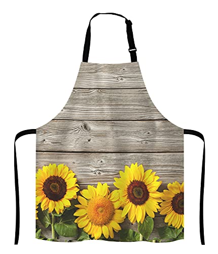 Lefolen Sunflower Apron Spring Flowers on Rustic Wood Plank Country Theme Adjustable Bib Apron Kitchen Cooking Baking Gardening Apron for Women Men