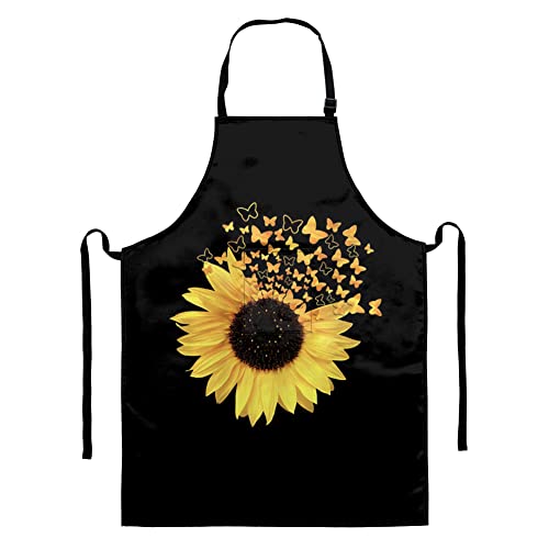 Sunflower Butterfly Aprons Bibs Decorative Kitchen Cooking Chef BBQ Waterproof Adjustable Aprons with 2 Pockets Gift for Women Men Black