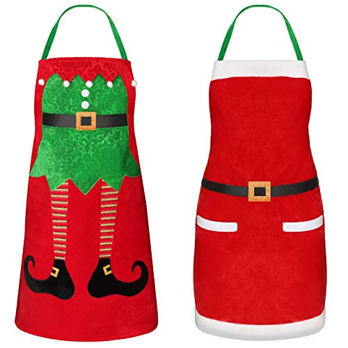 2 Pieces Christmas Elf Kitchen Aprons Santa Claus Aprons Santa Elf Leg Aprons Red Christmas Aprons Set for Christmas Party Cooking Restaurant House Cleaning Gardening Baking