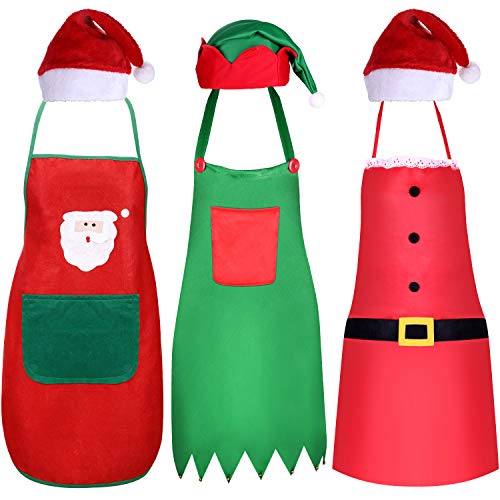 6 Pieces Christmas Apron and Hat Set Including Christmas Elf Apron and Elf Hat Santa Claus Apron and Red Christmas Santa Hat for Christmas Party Costume Supplies