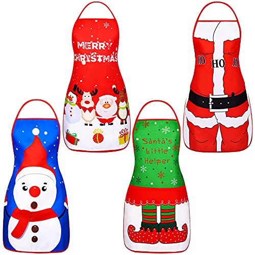 ADXCO 4 Pieces Christmas Funny Apron Adjustable Kitchen Cooking Aprons Adult Christmas Santa Claus Elk Elf Snowman Aprons 4 Style for Christmas Dinner Party Baking Gardening House Cleaning