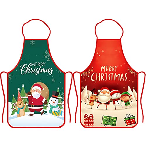 Lucleag 2PCS Christmas Aprons Santa Claus Reindeer Snowman Style for Dinner Party Xmas BBQ Cooking Baking Crafting Party House Cleaning Kitchen Christmas Red  Green Apron2 one size fits most