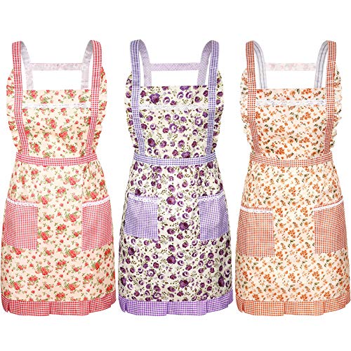 3 Pieces Kitchen Floral Aprons Soft Flower Aprons Women Chef Aprons Adjustable Cooking Aprons with Pockets for Kitchen Cooking Baking Gardening Household Cleaning Supplies 3 Colors
