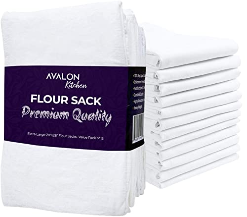 Avalon Kitchen Flour Sack Dish Towels (Value Pack of 15)  28x28 Inches  100 Ring Spun Cotton  Highly Absorbent Kitchen Towels Durable Tea Towels for Cleaning Drying  Multipurpose use