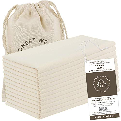 HONEST WEAVE GOTS Certified 100 Organic Flour Sack Cotton Kitchen Hand and Dish Towel Sets  Extra Large 27x27 inches Fully Hemmed 12Pack Natural Tan