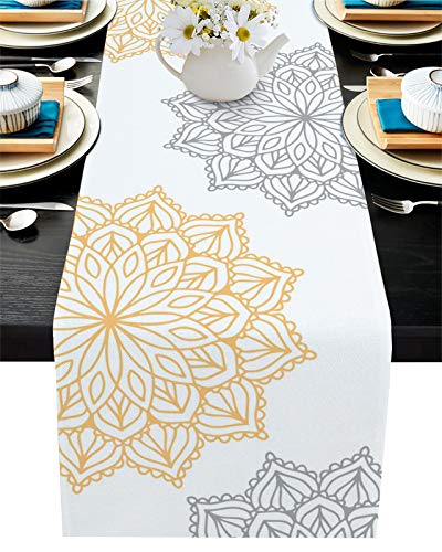 Abstract Table Runner Vintage Dahlia Floral Dresser Scarves NonSlip Burlap Abstract Kitchen Tablecloth for Holiday Dinner Parties Wedding Home Decor Yellow Grey 16x72inch