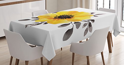Ambesonne Flower Tablecloth Watercolored Image of Single Flower and Leaves Abstract Design Modern Artwork Dining Room Kitchen Rectangular Table Cover 52 X 70 Yellow Grey