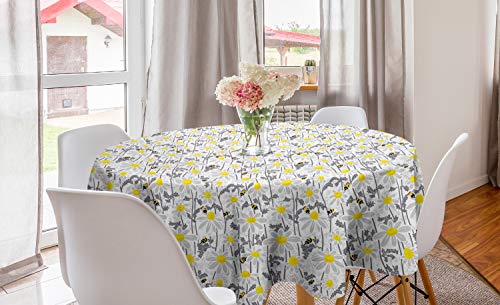 Ambesonne Grey Round Tablecloth Daisy Flowers Bees in Spring Time Honey Petals Floret Nature Purity Blooming Circle Table Cloth Cover for Dining Room Kitchen Decoration 60 Yellow White