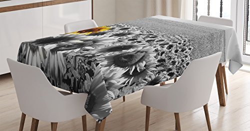 Ambesonne Modern Tablecloth Sunflower Field Black and White a Single Yellow Flower Spring Landscape Individuality Rectangular Table Cover for Dining Room Kitchen Decor 60 X 90 Grey Black