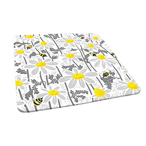 Grey Tablecloth Daisy Flowers Bees in Spring Time Honey Petals Floret Nature Purity Blooming Elastic Edge Suitable for Kitchen Party Picnic Fit for 28x28 Square Table Yellow White