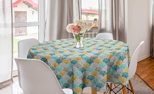 Lunarable Aqua Yellow Grey Round Tablecloth Abstract Continuous Pattern with Vintage Circular Motif Print Circle Table Cloth Cover for Dining Room Kitchen Decoration 60 Teal Yellow