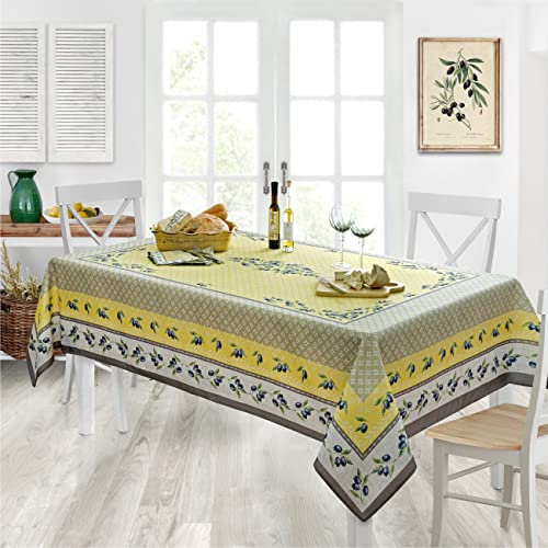 Provence Olivier Yellow and Grey Olive Print Country French Fabric Tablecloth by Home Bargains Plus Indoor Outdoor Stain and Water Resistant 52 x 70 OblongRectangle