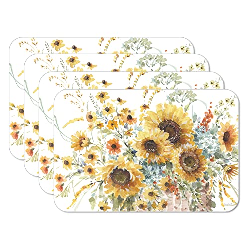 CounterArt Sunflowers Forever Reversible Easy Care Flexible Plastic Placemat 4 Pack Made in The USA