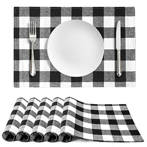 HAKACC 6 PCS Fall Buffalo Checkered Plaid Placemats Reversible Placemats for Christmas Thanksgiving Holiday Birthday Party Dining Table Home Decoration Reusable Cotton Fabric(Black and White)