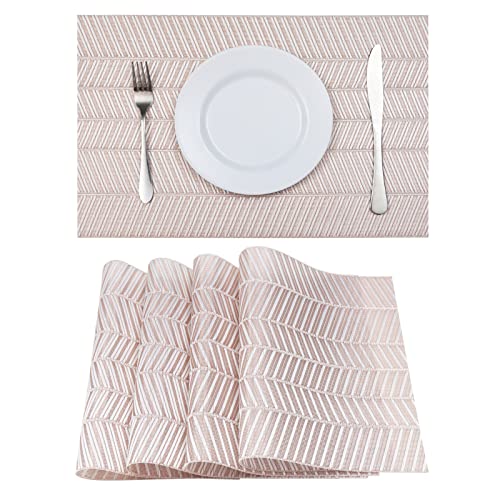 Placemats Set of 4 for Dining Table Vinyl Woven Place Mats Washable Heat Resistant Light Brown Herringbone Kitchen Table Mats Reversible Indoor Outdoor Easy to Clean