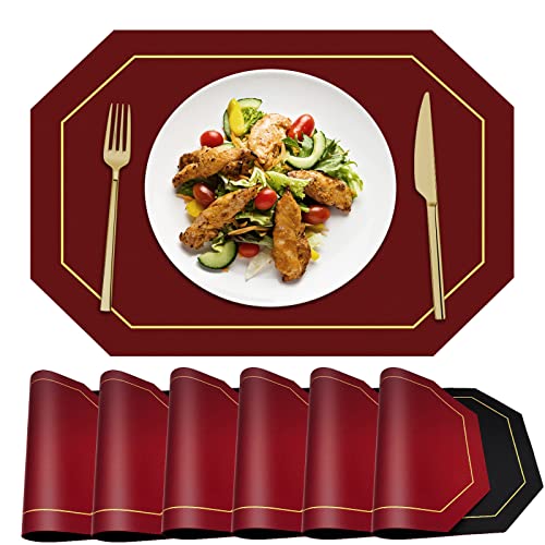 Reversible Placemats Set of 6  MYGCCA Faux Leather Heat Resistant Placemats Washable Table Mats Waterproof Wipeable Place Mats for Dining Table Wedding Coffee Shop Decorations (Wine Red and Black)