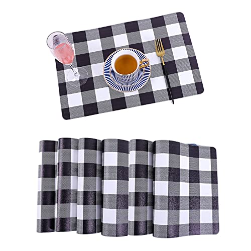 XINYUN Reversible Placemats EcoFriendly Waterproof Faux Leather Place mats Indoor Set of 6 Buffalo Check Table Mats Heat Resistant Non Slip Anti Oil Durable Kitchen Patio Placemat for Dining Table