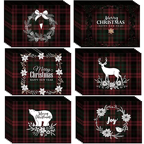 36 Pieces Christmas Buffalo Plaid Placemats Red and Green Check Table Mats Disposable Christmas Paper Placemat Merry Christmas Placemats for Dining Table Christmas Table Decorations