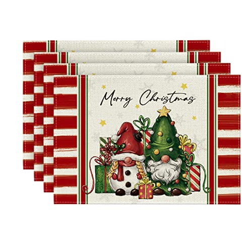 Artoid Mode Gnomes Gift Merry Christmas Placemats Set of 4 12x18 Inch Seasonal Winter Table Mats for Party Kitchen Dining Decoration