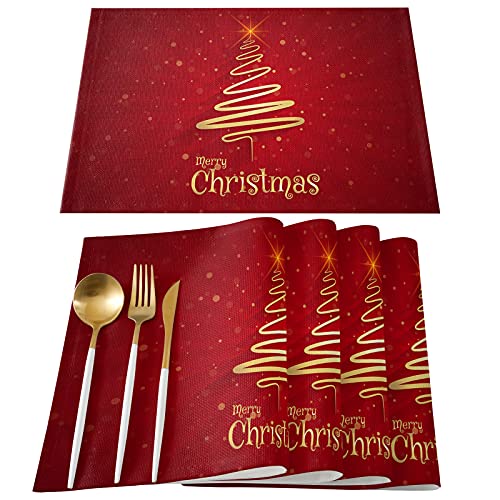 HELLOWINK Merry Christmas Tree Placemats Set of 6Xmas RedNonSlipWipe Clean Linen Dining Table Mat SetHeatResistant Table Liner for HolidayPartyOudoor Table Decoration