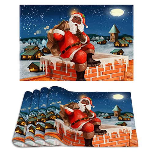 Linen African American Christmas Placemats Set of 4 Black Santa Christmas Table Mats Merry Christmas Decorations and Supplies for Home Table12×18