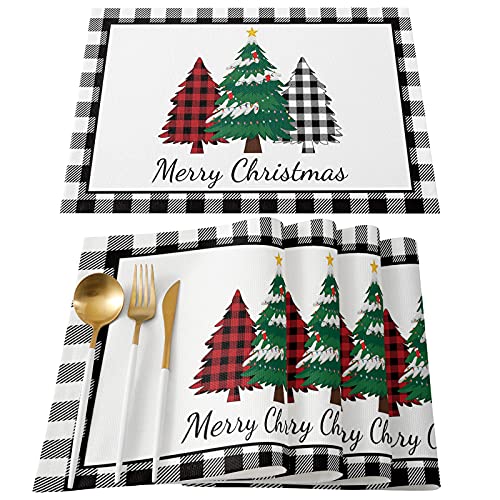 Merry Christmas Placemats for Dining Table Plaid Christmas Tree Black and White Buffalo Plaid Table Mats Washable Modern Outdoor Indoor Placemats for Home Party Wedding Holiday Decor Set of 4