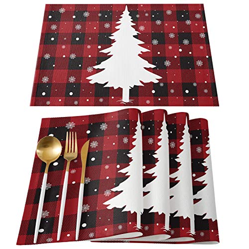 Merry Christmas Tree Placemats Set of 6 Cotton Linen Heat Resistant Table Mats NonSlip Washable Snowflake Red Black Buffalo Plaid Placemat for Holiday Banquet Dining Kitchen Table Decor