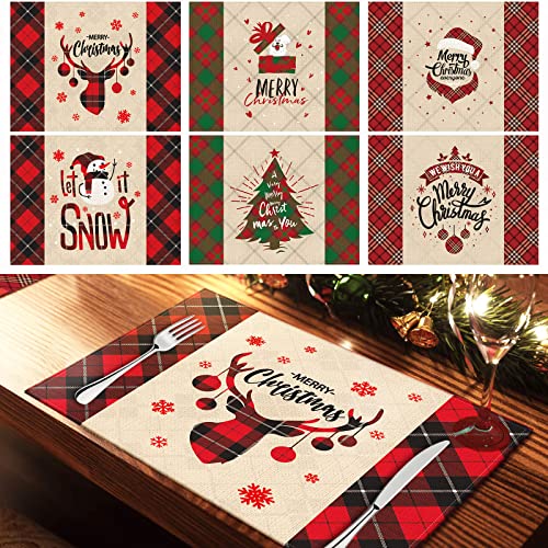 NiHome Linen Merry Christmas Placemats 6Pack Holiday Dining Table Place Mats Assorted Design Patterns Santa Claus Snowman Christmas Tree Gift Box Reindeer NonSlip Thanksgiving Dining Parties