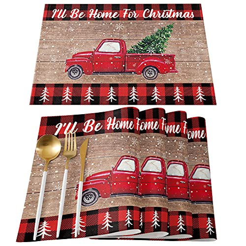 Three Sunflower Merry Christmas Placemats for Dining Table Christmas Red Truck Pull Xmas Tree on Retro Wooden Board Table Mats Set of 4 Cotton Linen Placemats Ill Be Home For Christmas 4pc
