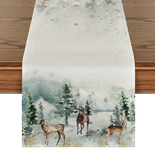 Artoid Mode Watercolor Deer Trees Snowflakes Christmas Table Runner Seasonal Winter Xmas Holiday Kitchen Dining Table Decoration for Indoor Outdoor Home Party Decor 13 x 72 Inch