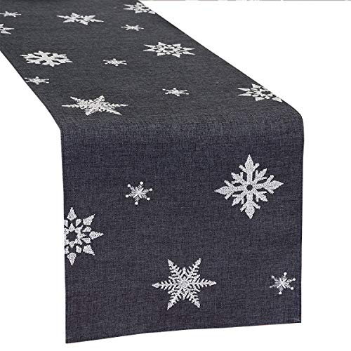 Grelucgo Dark Gray CrossStitching Snowflakes Table Runner for Christmas and Winter (14 x 90 inches)
