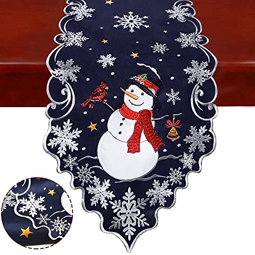 Hexagram Christmas Table Runners Cutwork Embroidered Snowman Blue Table Runner Dress Scarves Home Winter Xmas Kitchen Decor 13x69 Inches Holiday Farmhouse Christmas Decorations for Table