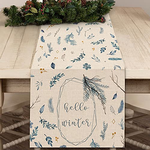 Seliem Hello Winter Blue Leaves Table Runner Watercolor Botanical Tabletop Scarf Home Kitchen Plant Wreath Decor Sign Seasonal Holiday Farmhouse Rustic Burlap Dining Decorations Party Supply 13 x 72
