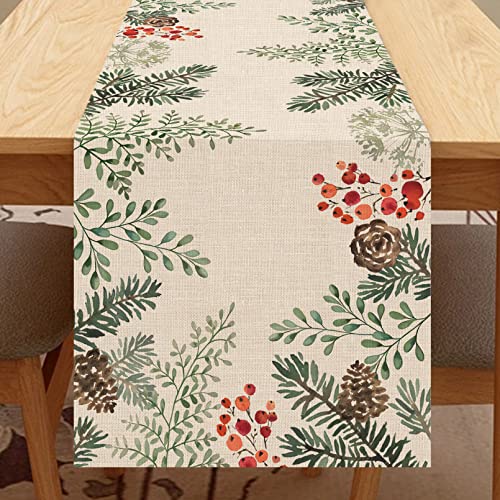 Seliem Winter Pine Cone Needle Branch Berry Table Runner Watercolor Botanical Tabletop Scarf Home Kitchen Plant Decor Seasonal Farmhouse Holiday Rustic Burlap Dining Decorations Party Supply 13 X 72