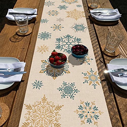 Seliem Winter Snowflakes Table Runner Gold Blue Tabletop Scarf Home Kitchen Christmas Holiday Decor Sign Seasonal Farmhouse Rustic Burlap Dining Decorations Party Supplies 13 x 72 Inch