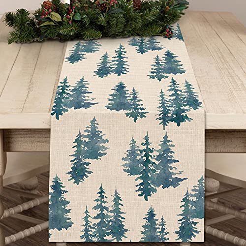 Seliem Winter Watercolor Blue Pine Trees Table Runner Forest Woodland Tabletop Scarf Home Kitchen Holiday Decor Seasonal Farmhouse Rustic Burlap Dining Decorations Party Supply 13 X 72 Inch