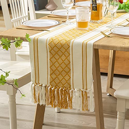 Joyouth Boho Moroccan Table Runner 13 x 108 Inches Farmhouse Rustic Handmade Woven Tassels Cotton Bohemian Vintage Table Decor for Holiday Party Yellow