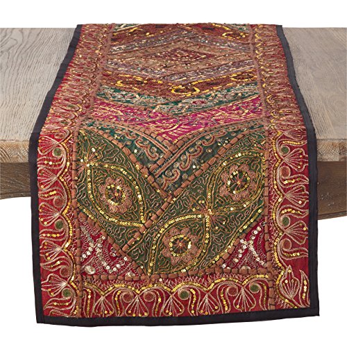 SARO LIFESTYLE Handmade Embroidered Sari Style Cotton Table Runner 16 x 72 Multi