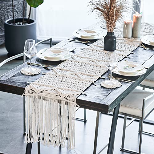 Tikursew 13W X 90L Macrame Table Runner  4 COASTERS Boho Table Runner Macrame Runner 90 inches Bohemian  Rustic Table Runner 100 Cotton  Handmade Table Runner with Tassels